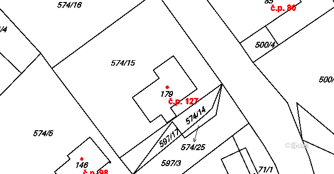 Děbolín 127, Jindřichův Hradec na parcele st. 179 v KÚ Děbolín, Katastrální mapa