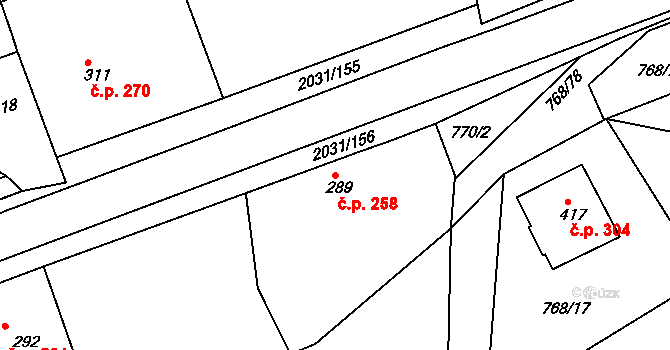 Merklín 258 na parcele st. 289 v KÚ Merklín u Přeštic, Katastrální mapa