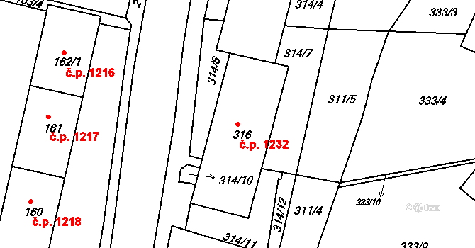 Vejprty 1232 na parcele st. 316 v KÚ Vejprty, Katastrální mapa