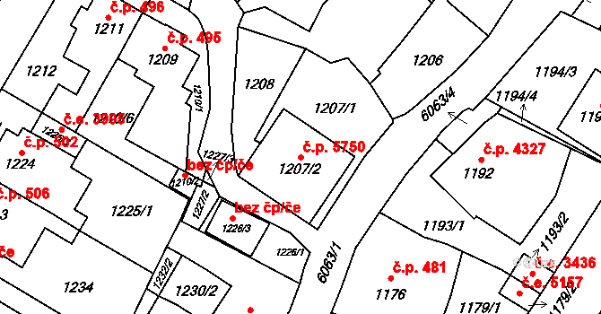 Jihlava 5750 na parcele st. 1207/2 v KÚ Jihlava, Katastrální mapa