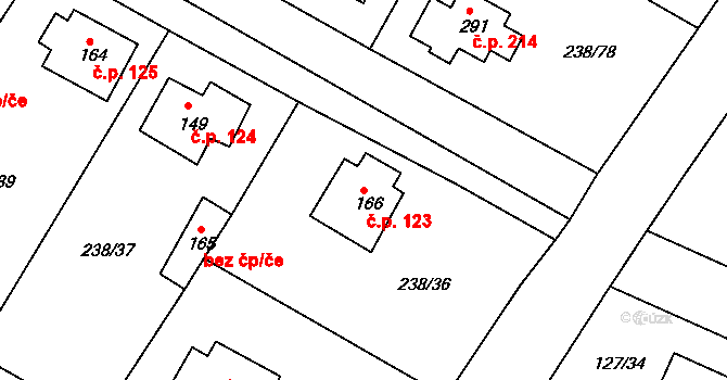 Okrouhlice 123 na parcele st. 166 v KÚ Okrouhlice, Katastrální mapa