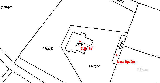 Mladé Buky 17 na parcele st. 430/1 v KÚ Mladé Buky, Katastrální mapa
