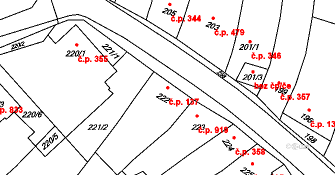 Klobouky u Brna 137 na parcele st. 222 v KÚ Klobouky u Brna, Katastrální mapa