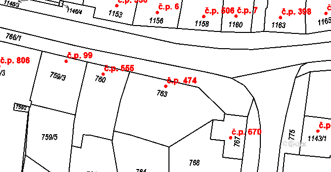 Klobouky u Brna 474 na parcele st. 763 v KÚ Klobouky u Brna, Katastrální mapa
