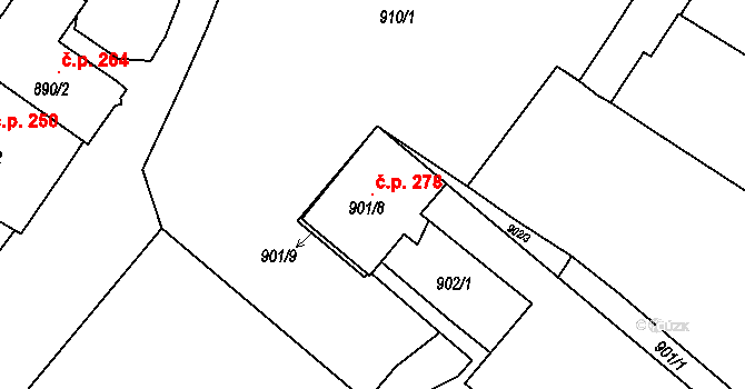 Bučovice 278 na parcele st. 901/8 v KÚ Bučovice, Katastrální mapa