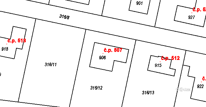 Červené Pečky 507 na parcele st. 906 v KÚ Červené Pečky, Katastrální mapa