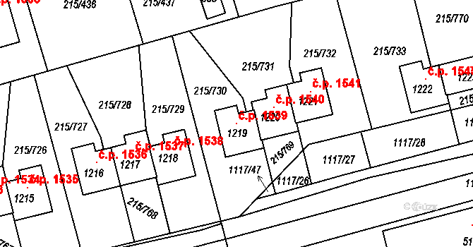 Rudná 1539 na parcele st. 1219 v KÚ Hořelice, Katastrální mapa