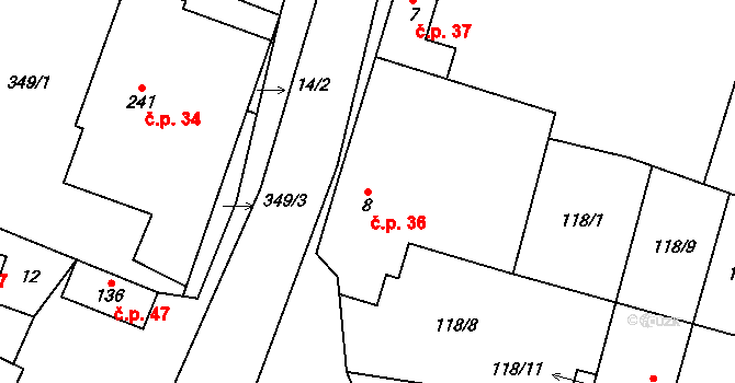 Hospozín 36 na parcele st. 8 v KÚ Hospozín, Katastrální mapa