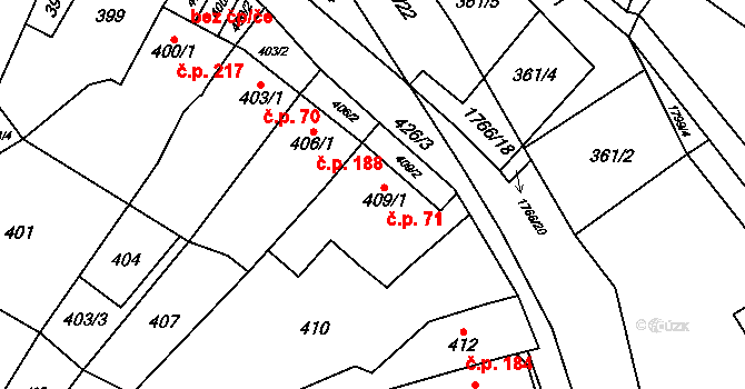 Říčany 71 na parcele st. 409/1 v KÚ Říčany u Brna, Katastrální mapa