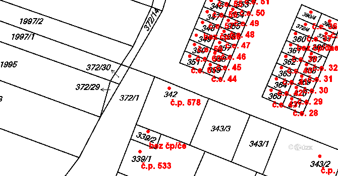 Lužice 578 na parcele st. 342 v KÚ Lužice u Hodonína, Katastrální mapa