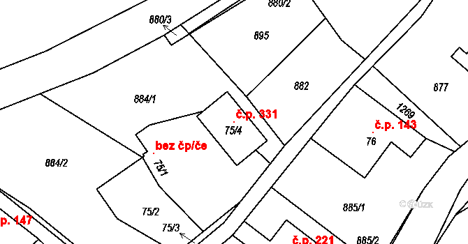 Hrabišín 331 na parcele st. 75/4 v KÚ Hrabišín, Katastrální mapa