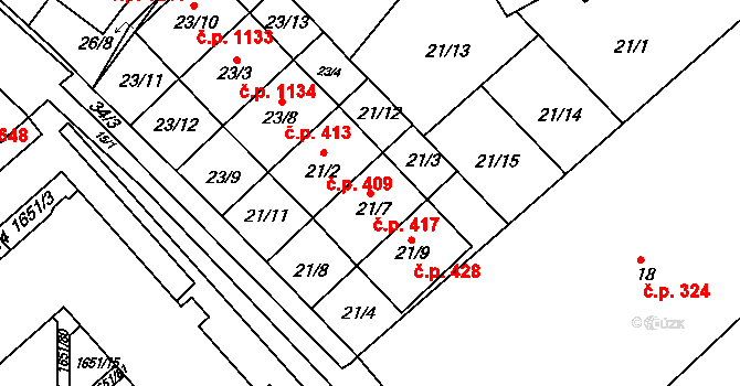 Rousínov 417 na parcele st. 21/7 v KÚ Rousínov u Vyškova, Katastrální mapa