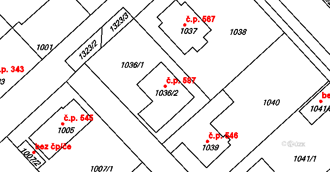 Tuchlovice 587 na parcele st. 1036/2 v KÚ Tuchlovice, Katastrální mapa