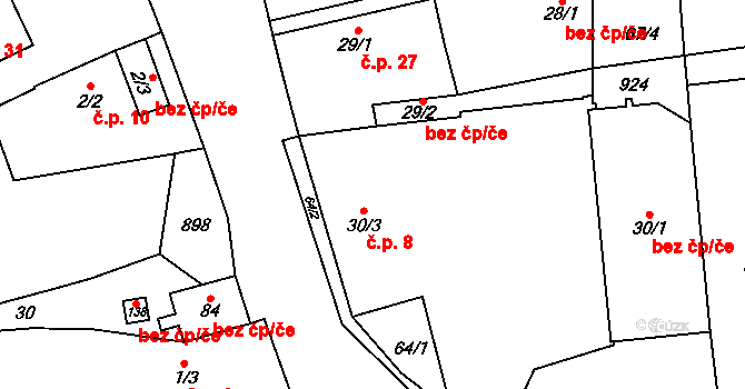 Kladruby 8 na parcele st. 30/3 v KÚ Kladruby u Teplic, Katastrální mapa