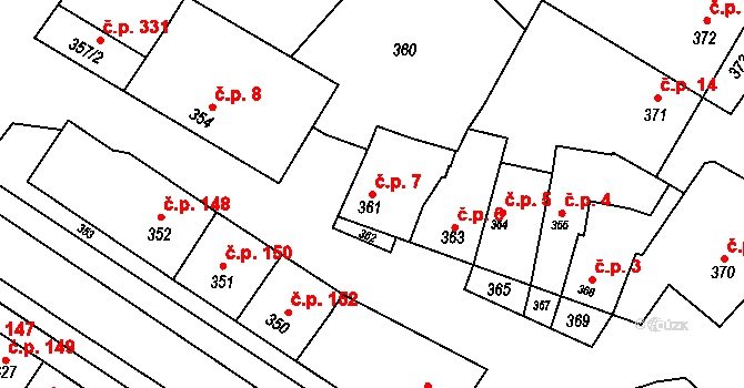 Křelov 7, Křelov-Břuchotín na parcele st. 361 v KÚ Křelov, Katastrální mapa