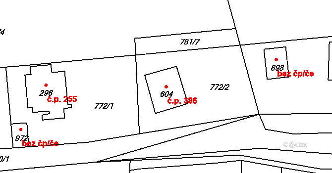 Chýnov 386 na parcele st. 604 v KÚ Chýnov u Tábora, Katastrální mapa