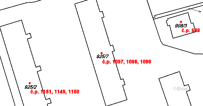 Frýdlant 1097,1098,1099, Frýdlant nad Ostravicí na parcele st. 925/7 v KÚ Frýdlant nad Ostravicí, Katastrální mapa