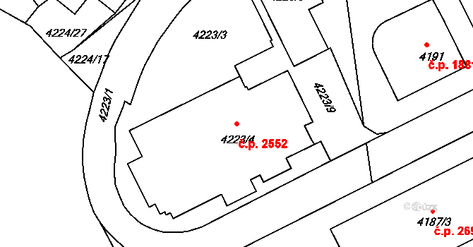 Žižkov 2552, Praha na parcele st. 4223/4 v KÚ Žižkov, Katastrální mapa
