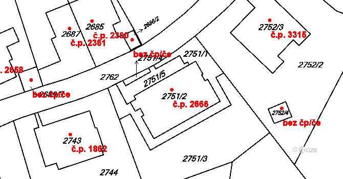 Smíchov 2666, Praha na parcele st. 2751/2 v KÚ Smíchov, Katastrální mapa