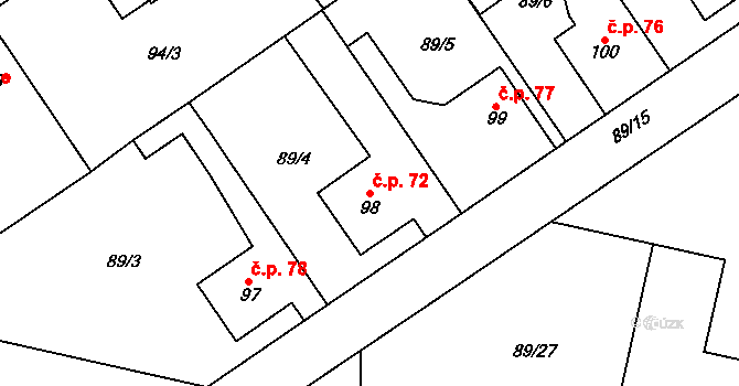 Lipnice 72, Dvůr Králové nad Labem na parcele st. 98 v KÚ Lipnice u Dvora Králové, Katastrální mapa