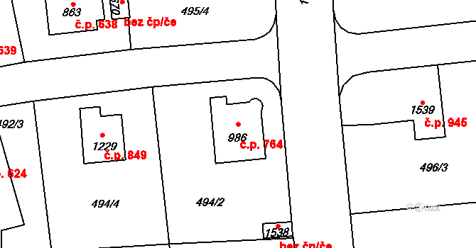Vrchlabí 764 na parcele st. 986 v KÚ Vrchlabí, Katastrální mapa