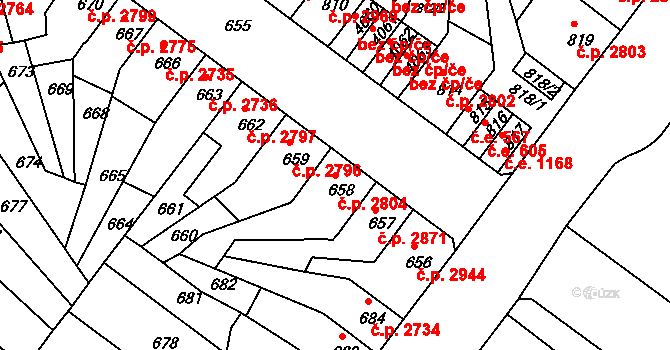 Chomutov 2804 na parcele st. 658 v KÚ Chomutov II, Katastrální mapa