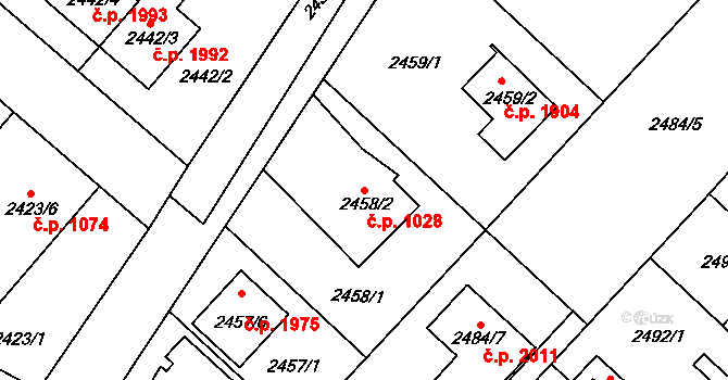 Kuřim 1028 na parcele st. 2458/2 v KÚ Kuřim, Katastrální mapa