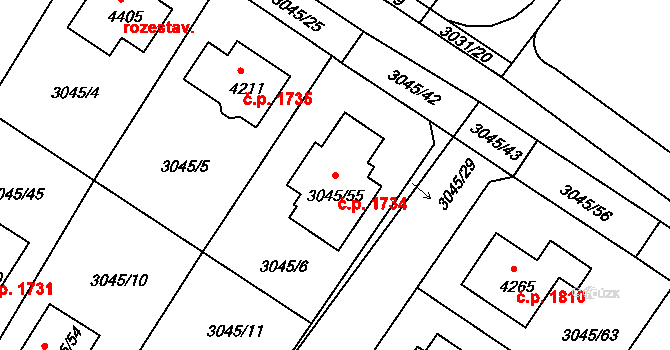 Čelákovice 1734 na parcele st. 3045/55 v KÚ Čelákovice, Katastrální mapa