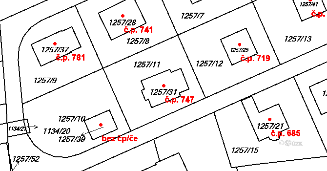 Tlučná 747 na parcele st. 1257/31 v KÚ Tlučná, Katastrální mapa