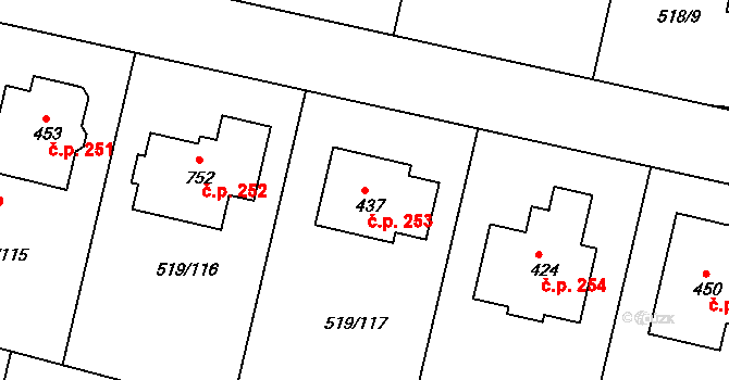 Horoušánky 253, Horoušany na parcele st. 437 v KÚ Horoušany, Katastrální mapa