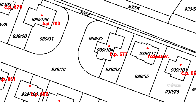 Satalice 677, Praha na parcele st. 939/104 v KÚ Satalice, Katastrální mapa