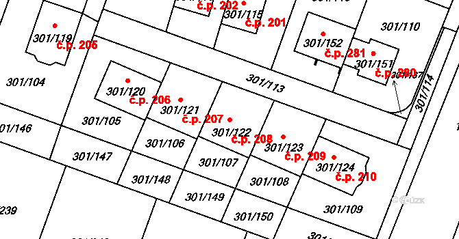 Hlušovice 208 na parcele st. 301/122 v KÚ Hlušovice, Katastrální mapa