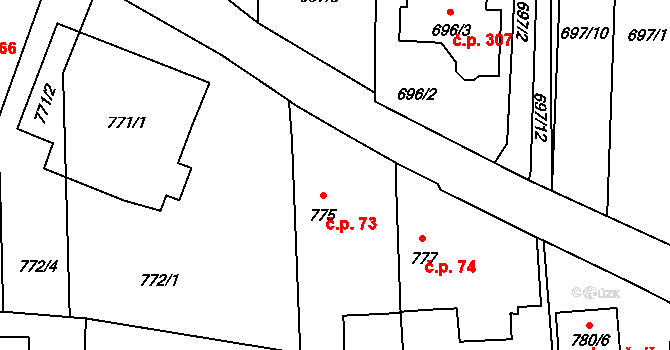 Nové Homole 73, Homole na parcele st. 775 v KÚ Homole, Katastrální mapa