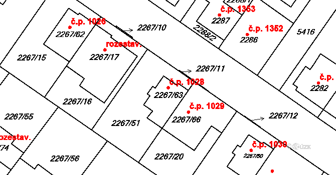 Znojmo 1028 na parcele st. 2267/63 v KÚ Znojmo-město, Katastrální mapa