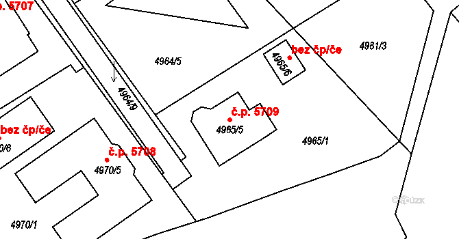 Chomutov 5709 na parcele st. 4965/5 v KÚ Chomutov I, Katastrální mapa