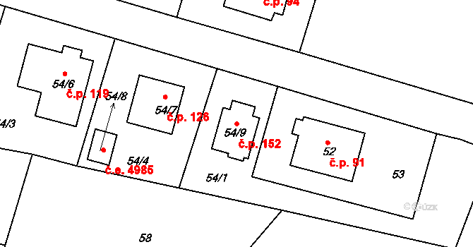 Pávov 152, Jihlava na parcele st. 54/9 v KÚ Pávov, Katastrální mapa