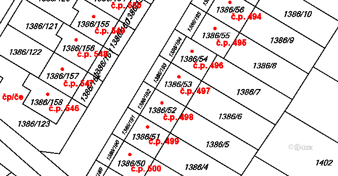 Spytihněv 497 na parcele st. 1386/53 v KÚ Spytihněv, Katastrální mapa