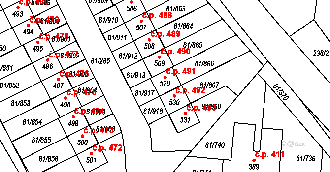 Nupaky 491 na parcele st. 529 v KÚ Nupaky, Katastrální mapa