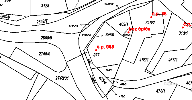 Krásná Lípa 985 na parcele st. 977 v KÚ Krásná Lípa, Katastrální mapa