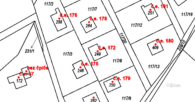 Řitka 172 na parcele st. 249 v KÚ Řitka, Katastrální mapa