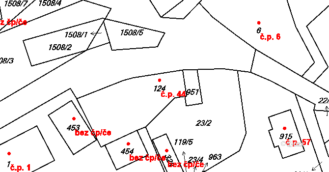 Domoradice 44, Český Krumlov na parcele st. 124 v KÚ Přísečná-Domoradice, Katastrální mapa