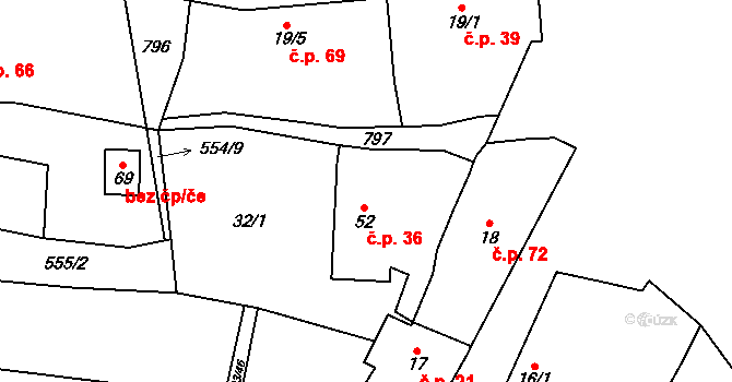 Čelákovy 36, Zemětice na parcele st. 52 v KÚ Čelákovy, Katastrální mapa