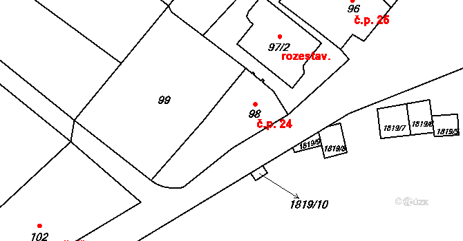 Borotice 24 na parcele st. 98 v KÚ Borotice nad Jevišovkou, Katastrální mapa