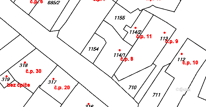 Adamov 8 na parcele st. 114/1 v KÚ Adamov u Tupadel, Katastrální mapa