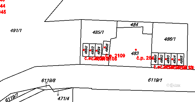 Jihlava 2108 na parcele st. 485/4 v KÚ Jihlava, Katastrální mapa