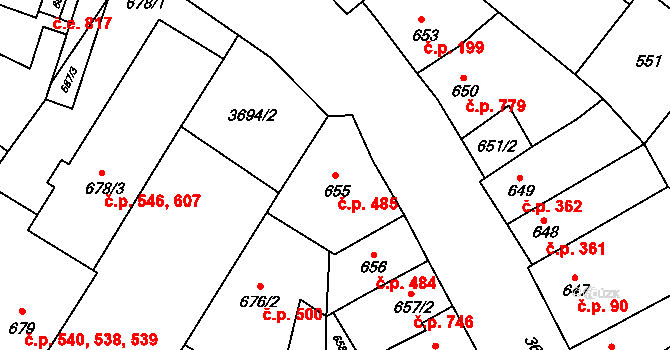 Vyškov-Předměstí 485, Vyškov na parcele st. 655 v KÚ Vyškov, Katastrální mapa