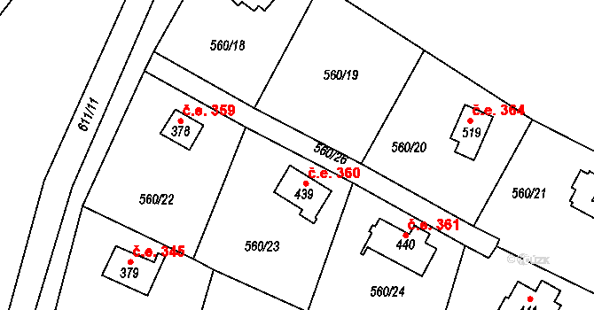Kaliště 360 na parcele st. 439 v KÚ Kaliště u Ondřejova, Katastrální mapa
