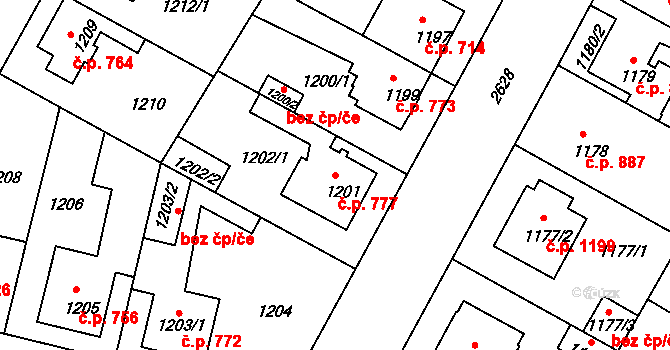 Stará Boleslav 777, Brandýs nad Labem-Stará Boleslav na parcele st. 1201 v KÚ Stará Boleslav, Katastrální mapa