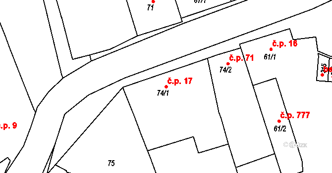 Bohuňovice 17 na parcele st. 74/1 v KÚ Bohuňovice, Katastrální mapa