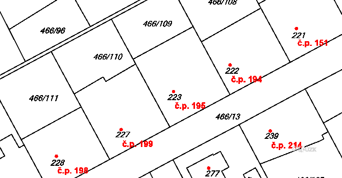Broumy 195 na parcele st. 223 v KÚ Broumy, Katastrální mapa